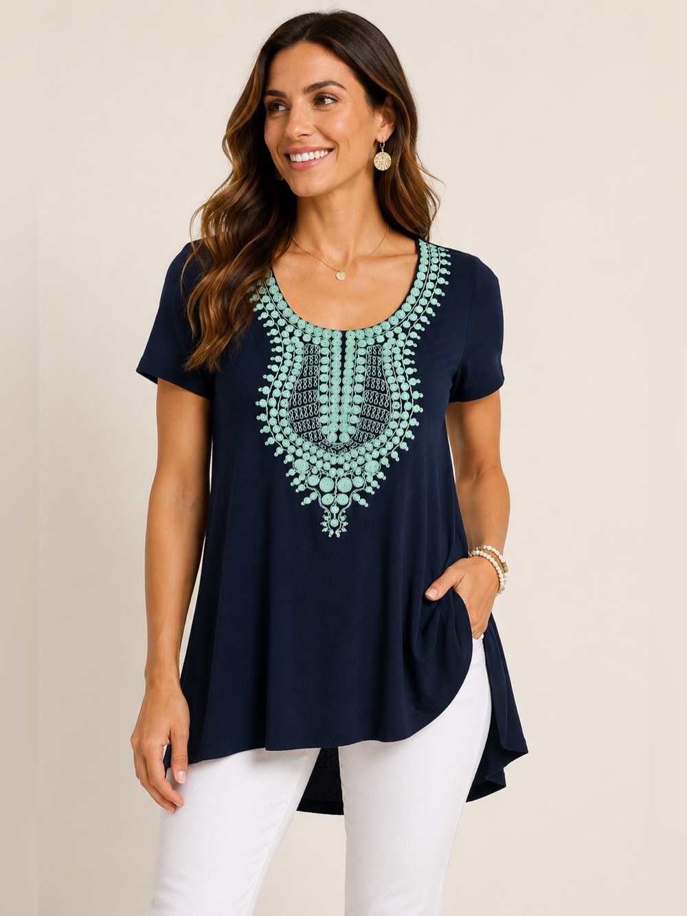 THML Navy Embroidered Tunic Top Mint Boho Short Sleeve High Low Hem Size M NWT